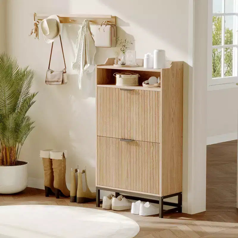 2 Flip Drawers, Shoe Storage Cabinet Freestanding Fluted Shoe Shoe Rack Cabinet for Entryway,