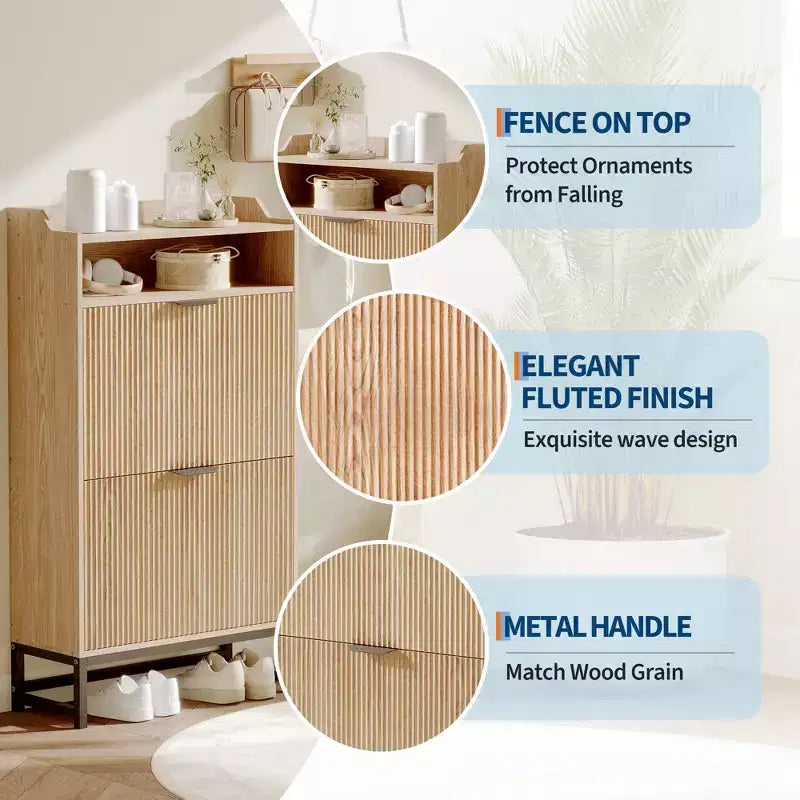 2 Flip Drawers, Shoe Storage Cabinet Freestanding Fluted Shoe Shoe Rack Cabinet for Entryway,