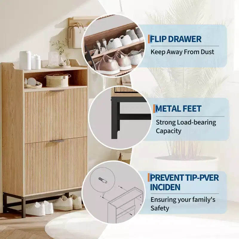 2 Flip Drawers, Shoe Storage Cabinet Freestanding Fluted Shoe Shoe Rack Cabinet for Entryway,