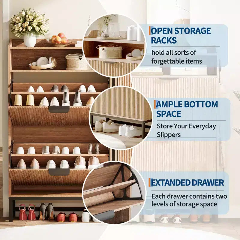 2 Flip Drawers, Shoe Storage Cabinet Freestanding Fluted Shoe Shoe Rack Cabinet for Entryway,