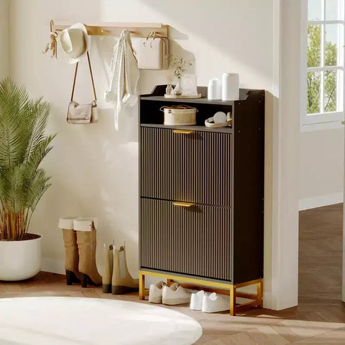 2 Flip Drawers, Shoe Storage Cabinet Freestanding Fluted Shoe Shoe Rack Cabinet for Entryway,