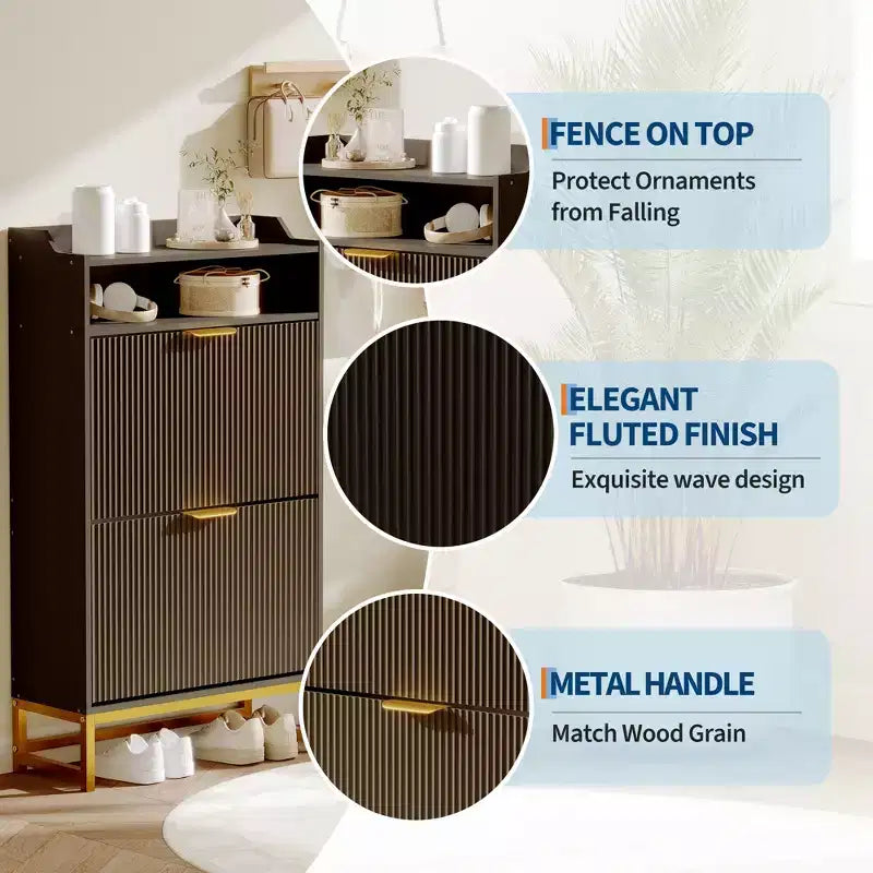 2 Flip Drawers, Shoe Storage Cabinet Freestanding Fluted Shoe Shoe Rack Cabinet for Entryway,