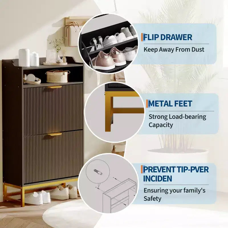 2 Flip Drawers, Shoe Storage Cabinet Freestanding Fluted Shoe Shoe Rack Cabinet for Entryway,