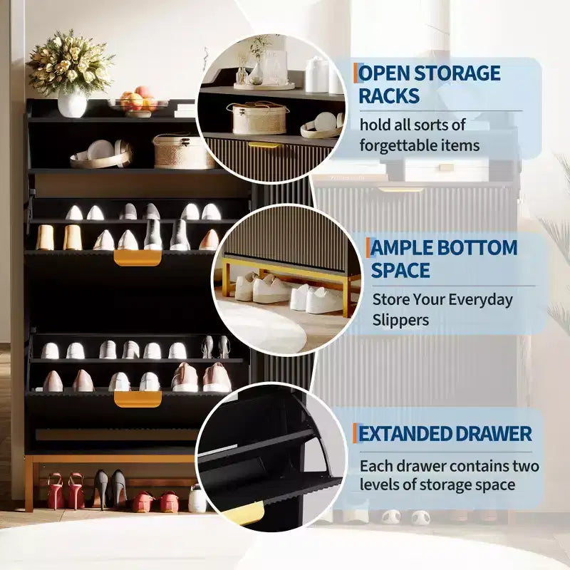 2 Flip Drawers, Shoe Storage Cabinet Freestanding Fluted Shoe Shoe Rack Cabinet for Entryway,