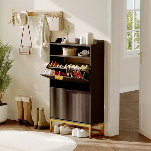 2 Flip Drawers, Shoe Storage Cabinet Freestanding Fluted Shoe Shoe Rack Cabinet for Entryway,