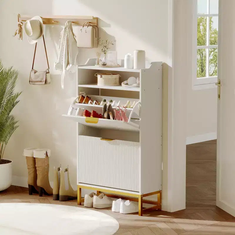 2 Flip Drawers, Shoe Storage Cabinet Freestanding Fluted Shoe Shoe Rack Cabinet for Entryway,