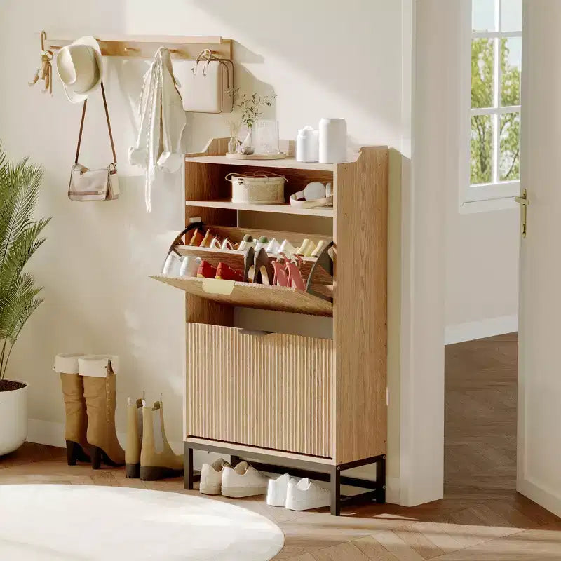 2 Flip Drawers, Shoe Storage Cabinet Freestanding Fluted Shoe Shoe Rack Cabinet for Entryway,