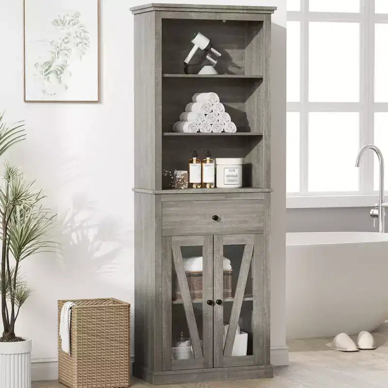 66.5 Tall Pantry Storage with Doors and Shelves, Freestanding Wooden Cupboard with Drawer Cabinet for Living Room, Bathroom, Bedroom