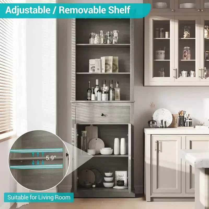 66.5 Tall Pantry Storage with Doors and Shelves, Freestanding Wooden Cupboard with Drawer Cabinet for Living Room, Bathroom, Bedroom