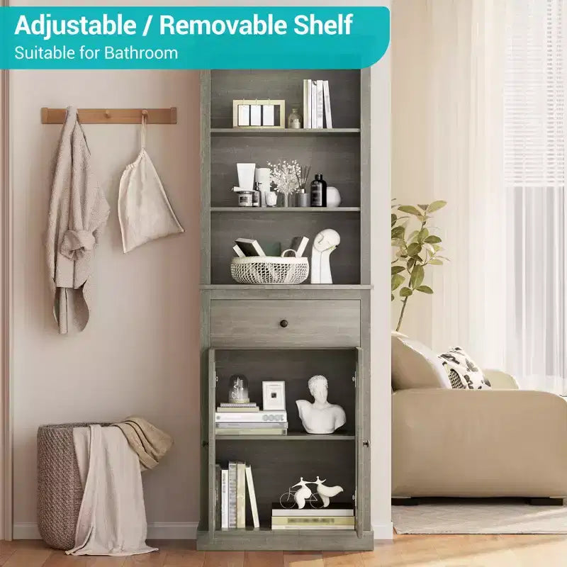 66.5 Tall Pantry Storage with Doors and Shelves, Freestanding Wooden Cupboard with Drawer Cabinet for Living Room, Bathroom, Bedroom