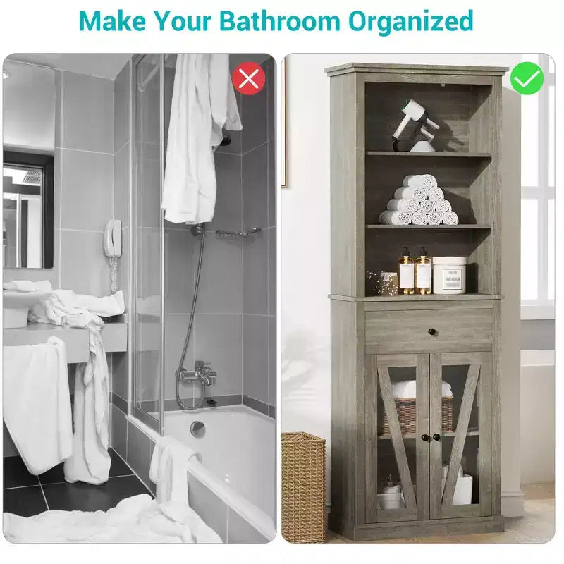 66.5 Tall Pantry Storage with Doors and Shelves, Freestanding Wooden Cupboard with Drawer Cabinet for Living Room, Bathroom, Bedroom