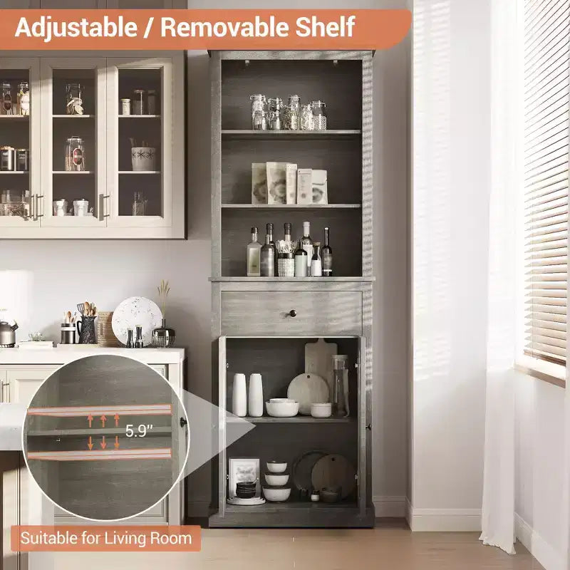 66.5 Tall Pantry Storage with Doors and Shelves, Freestanding Wooden Cupboard with Drawer Cabinet for Living Room, Bathroom, Bedroom
