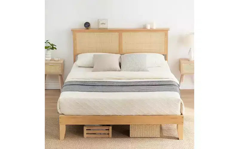 GustoWave Rattan Bed Frame Queen, Boho Bedframe with Natural Rattan Headboard,Wooden Support Legs and Slats, Noise-Free, No Box Spring Needed