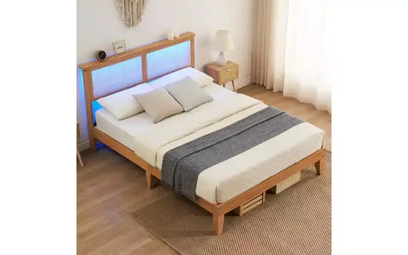 GustoWave Rattan Bed Frame Queen, Boho Bedframe with Natural Rattan Headboard,Wooden Support Legs and Slats, Noise-Free, No Box Spring Needed