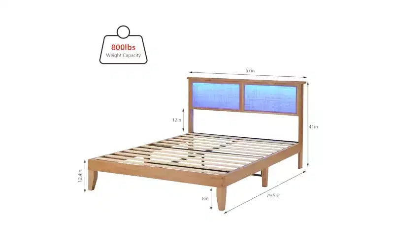 GustoWave Rattan Bed Frame Queen, Boho Bedframe with Natural Rattan Headboard,Wooden Support Legs and Slats, Noise-Free, No Box Spring Needed