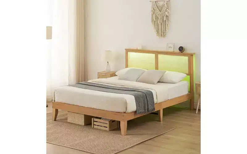 GustoWave Rattan Bed Frame Queen, Boho Bedframe with Natural Rattan Headboard,Wooden Support Legs and Slats, Noise-Free, No Box Spring Needed
