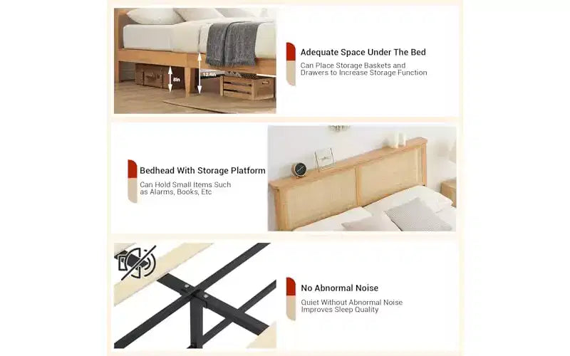 GustoWave Rattan Bed Frame Queen, Boho Bedframe with Natural Rattan Headboard,Wooden Support Legs and Slats, Noise-Free, No Box Spring Needed
