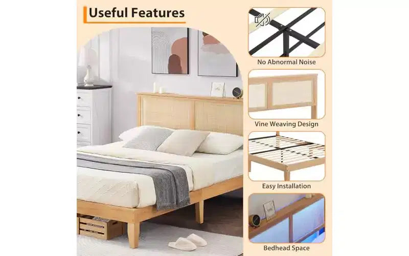 GustoWave Rattan Bed Frame Queen, Boho Bedframe with Natural Rattan Headboard,Wooden Support Legs and Slats, Noise-Free, No Box Spring Needed