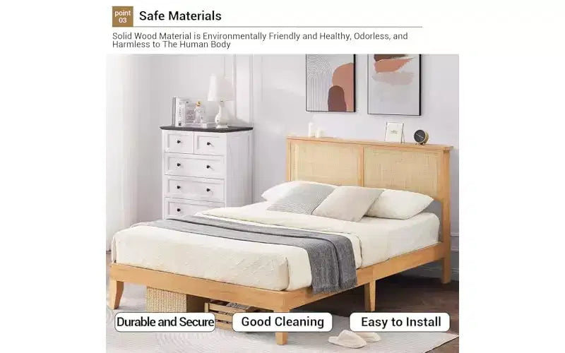 GustoWave Rattan Bed Frame Queen, Boho Bedframe with Natural Rattan Headboard,Wooden Support Legs and Slats, Noise-Free, No Box Spring Needed