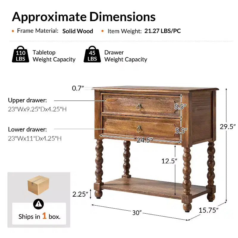 Jerardo 30 Tall 2-Drawer End Table with Built-in Charging Outlets|ARTFUL LIVING DESIGNS