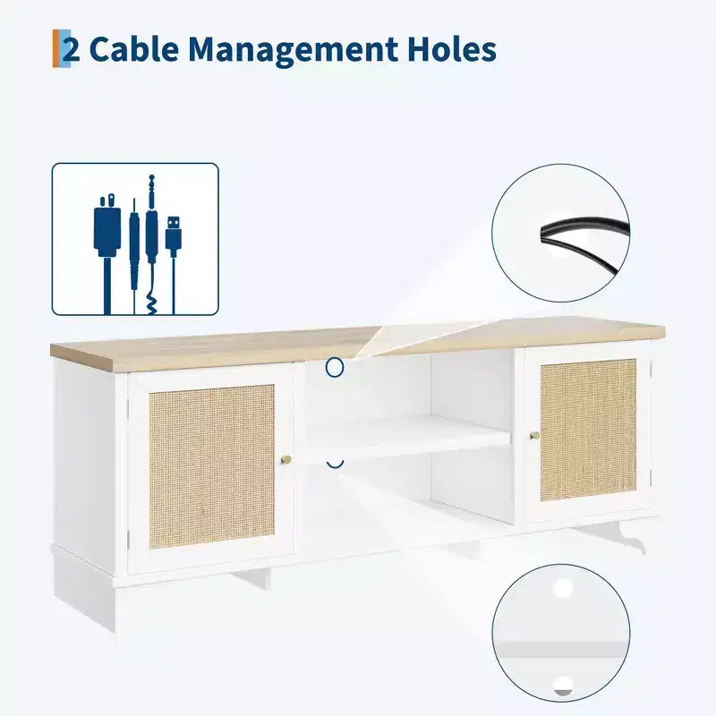 Rattan TV Stand Fits TVs Up to 70 Inches, Boho Entertainment Center with Storage, Wooden Media Console Table for Living Room