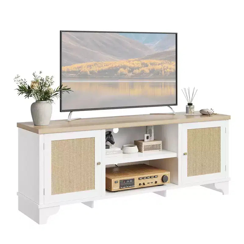 Rattan TV Stand Fits TVs Up to 70 Inches, Boho Entertainment Center with Storage, Wooden Media Console Table for Living Room