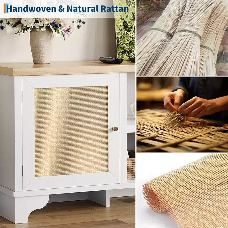 Rattan TV Stand Fits TVs Up to 70 Inches, Boho Entertainment Center with Storage, Wooden Media Console Table for Living Room