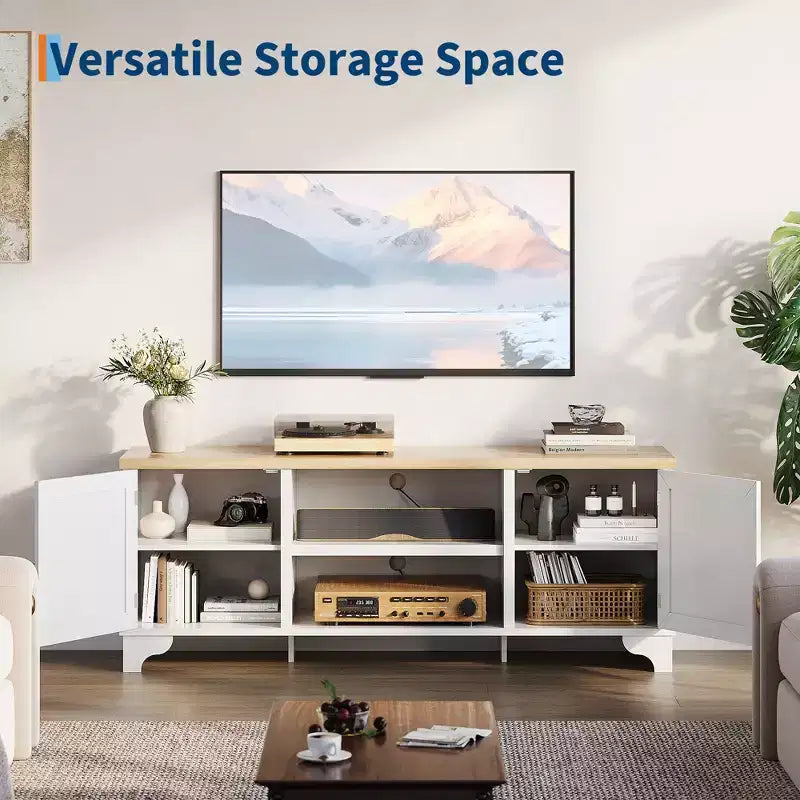Rattan TV Stand Fits TVs Up to 70 Inches, Boho Entertainment Center with Storage, Wooden Media Console Table for Living Room