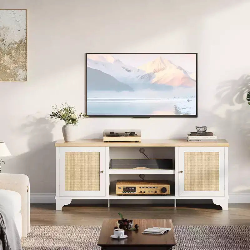 Rattan TV Stand Fits TVs Up to 70 Inches, Boho Entertainment Center with Storage, Wooden Media Console Table for Living Room