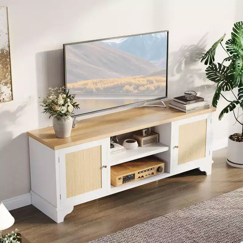 Rattan TV Stand Fits TVs Up to 70 Inches, Boho Entertainment Center with Storage, Wooden Media Console Table for Living Room
