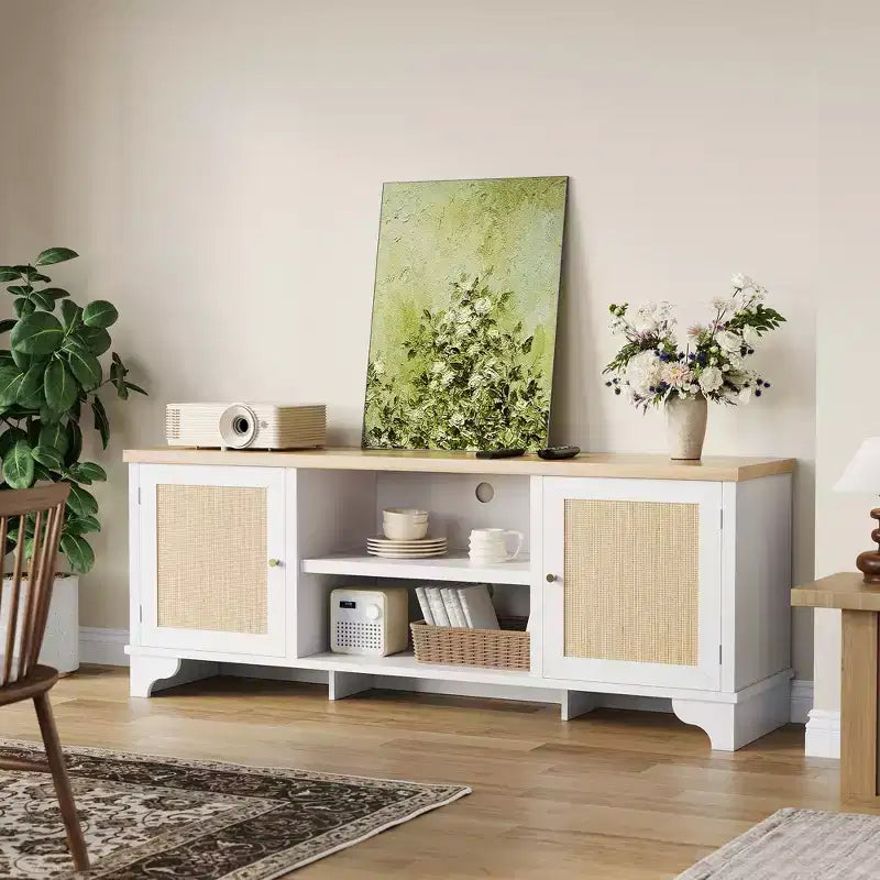 Rattan TV Stand Fits TVs Up to 70 Inches, Boho Entertainment Center with Storage, Wooden Media Console Table for Living Room