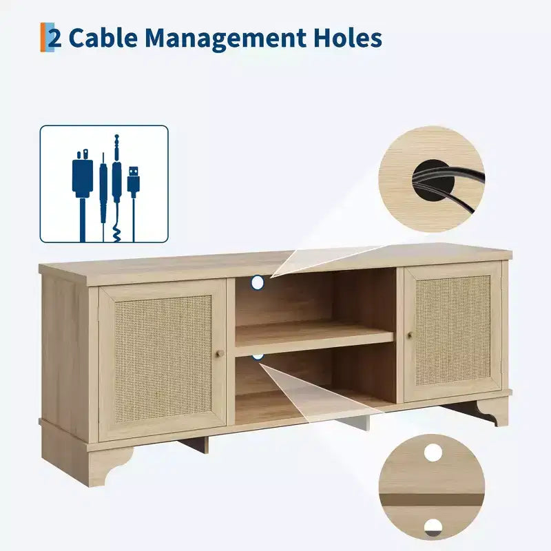 Rattan TV Stand Fits TVs Up to 70 Inches, Boho Entertainment Center with Storage, Wooden Media Console Table for Living Room
