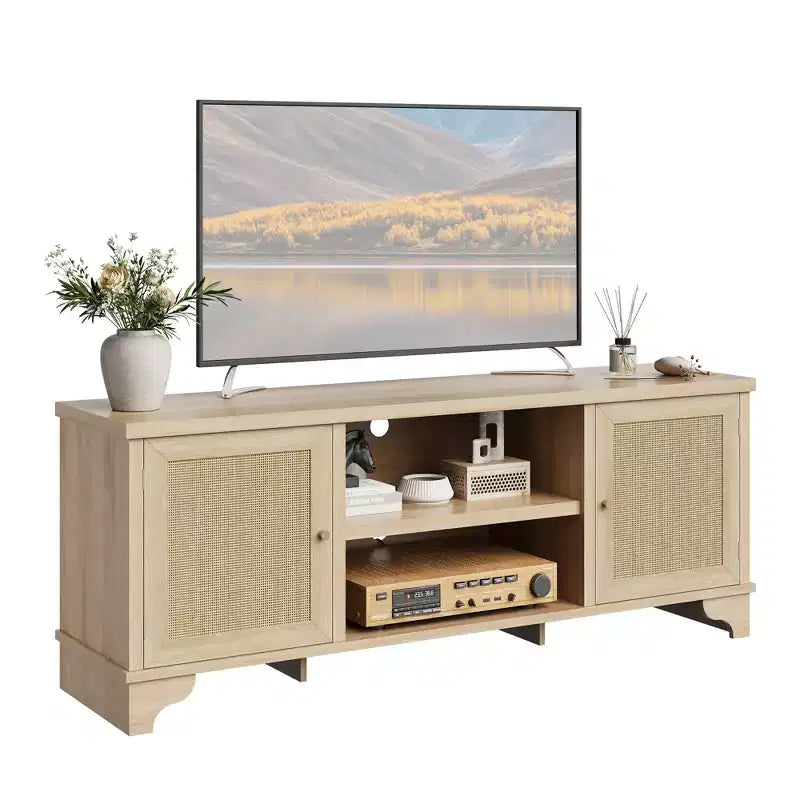 Rattan TV Stand Fits TVs Up to 70 Inches, Boho Entertainment Center with Storage, Wooden Media Console Table for Living Room