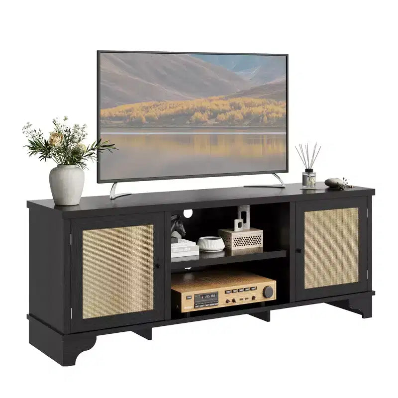 Rattan TV Stand Fits TVs Up to 70 Inches, Boho Entertainment Center with Storage, Wooden Media Console Table for Living Room