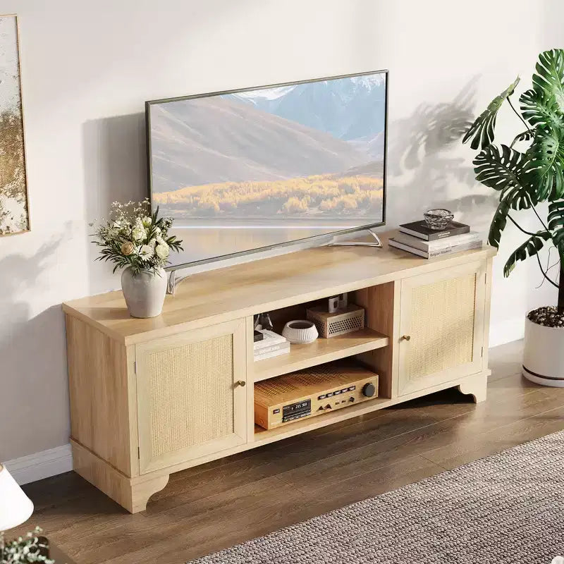 Rattan TV Stand Fits TVs Up to 70 Inches, Boho Entertainment Center with Storage, Wooden Media Console Table for Living Room