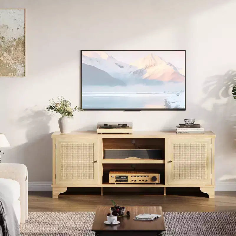 Rattan TV Stand Fits TVs Up to 70 Inches, Boho Entertainment Center with Storage, Wooden Media Console Table for Living Room