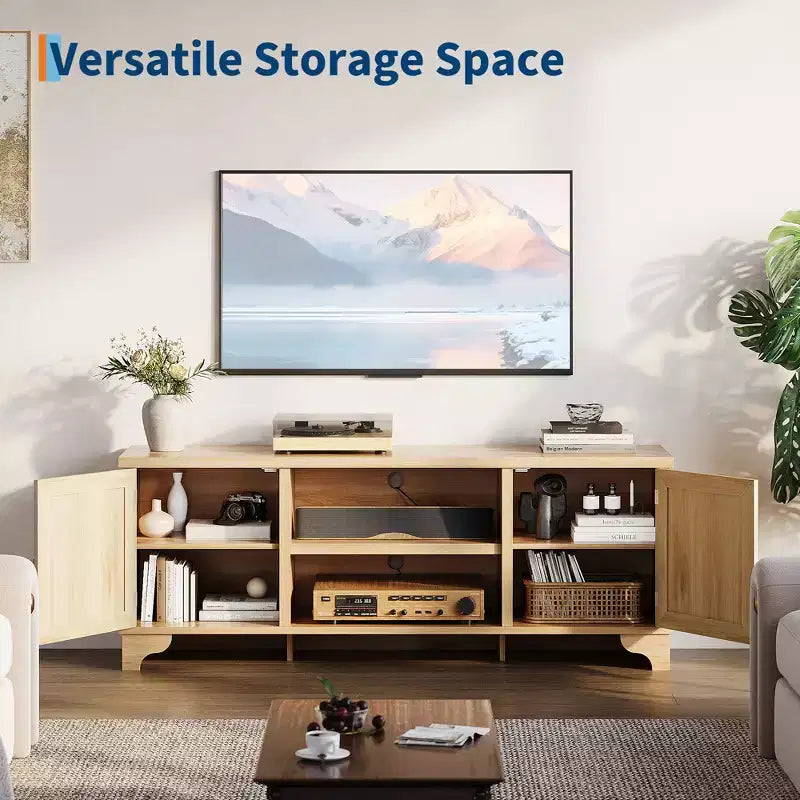 Rattan TV Stand Fits TVs Up to 70 Inches, Boho Entertainment Center with Storage, Wooden Media Console Table for Living Room