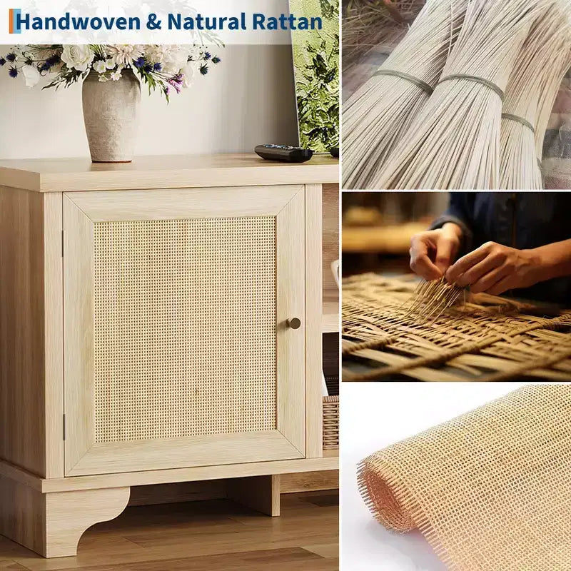 Rattan TV Stand Fits TVs Up to 70 Inches, Boho Entertainment Center with Storage, Wooden Media Console Table for Living Room