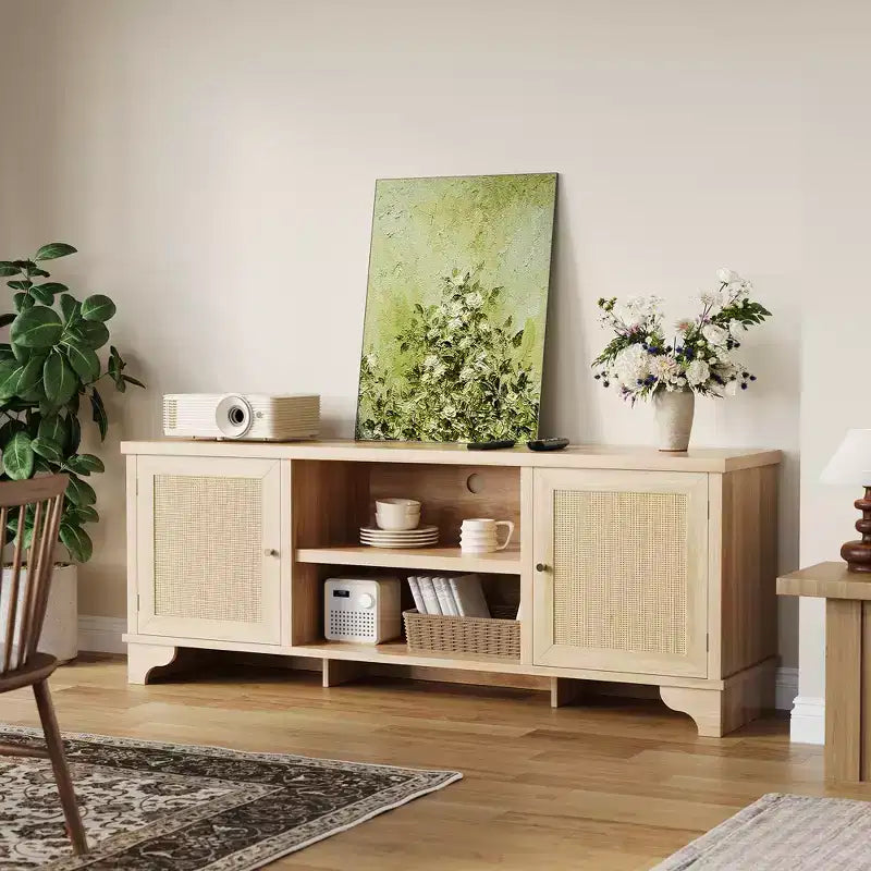 Rattan TV Stand Fits TVs Up to 70 Inches, Boho Entertainment Center with Storage, Wooden Media Console Table for Living Room