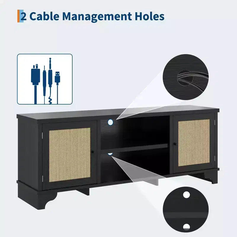 Rattan TV Stand Fits TVs Up to 70 Inches, Boho Entertainment Center with Storage, Wooden Media Console Table for Living Room