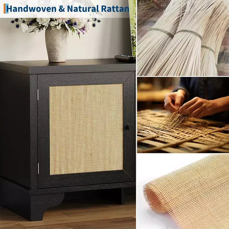 Rattan TV Stand Fits TVs Up to 70 Inches, Boho Entertainment Center with Storage, Wooden Media Console Table for Living Room
