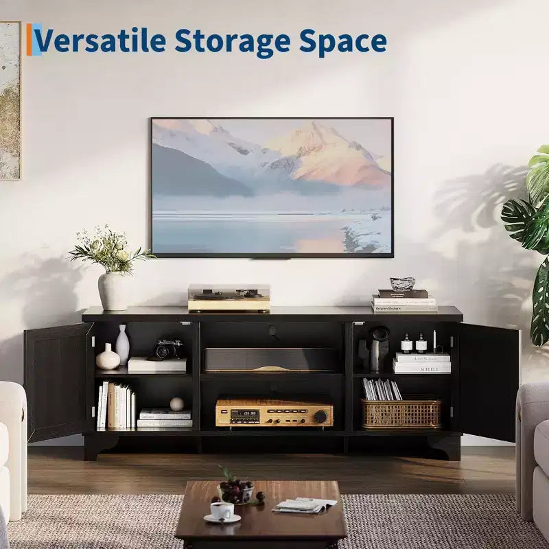 Rattan TV Stand Fits TVs Up to 70 Inches, Boho Entertainment Center with Storage, Wooden Media Console Table for Living Room