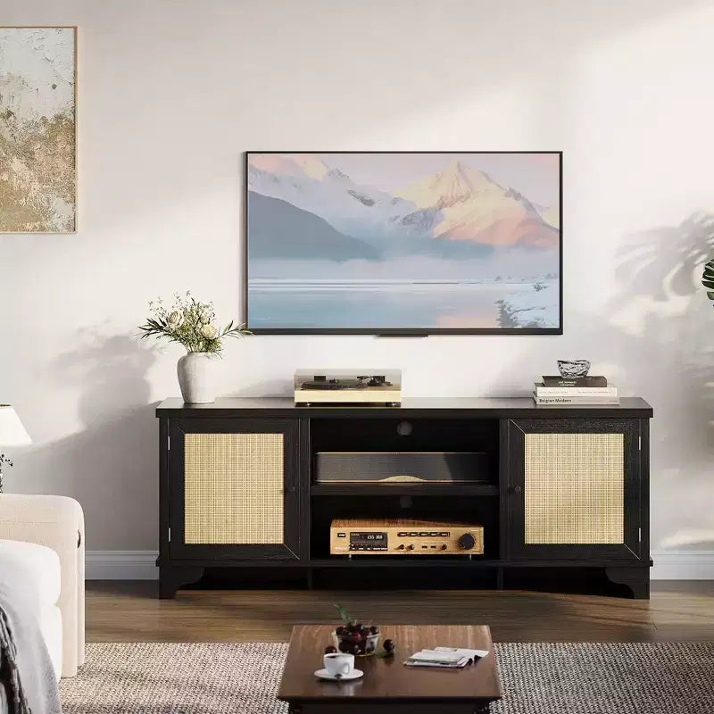 Rattan TV Stand Fits TVs Up to 70 Inches, Boho Entertainment Center with Storage, Wooden Media Console Table for Living Room