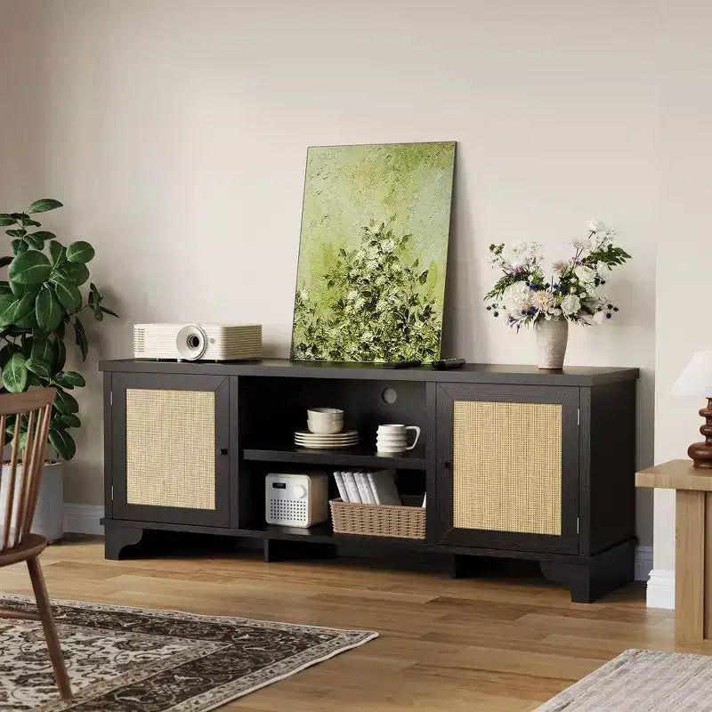 Rattan TV Stand Fits TVs Up to 70 Inches, Boho Entertainment Center with Storage, Wooden Media Console Table for Living Room