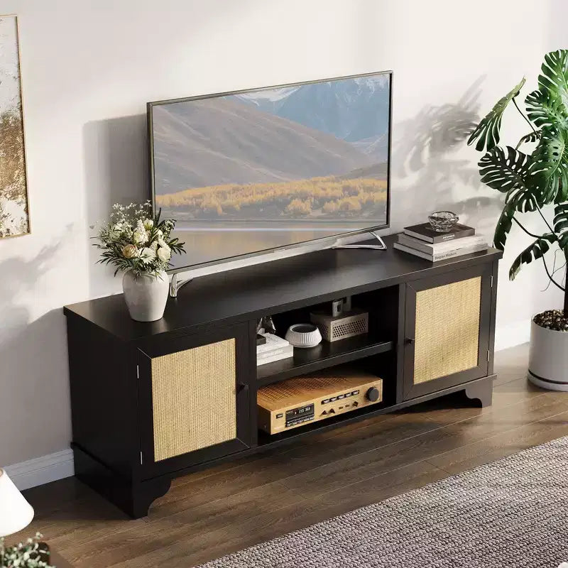 Rattan TV Stand Fits TVs Up to 70 Inches, Boho Entertainment Center with Storage, Wooden Media Console Table for Living Room
