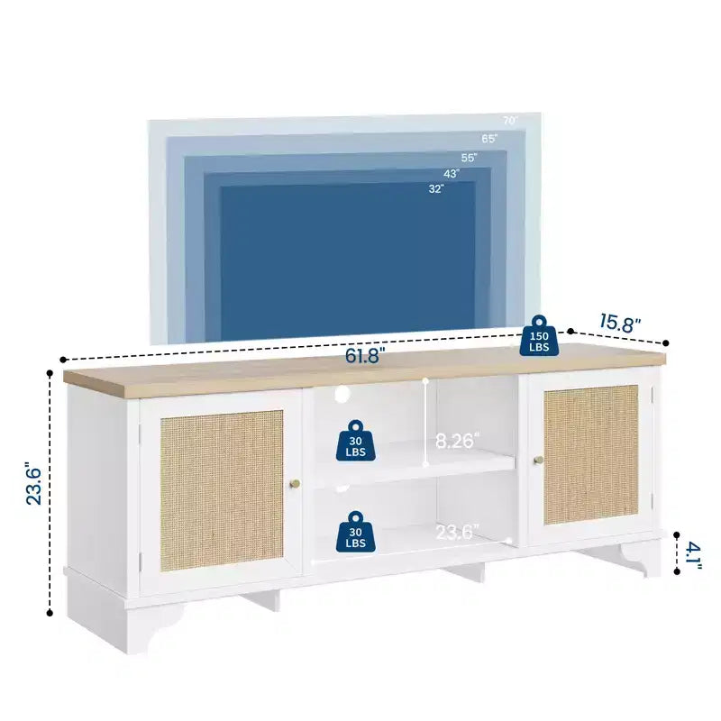 Rattan TV Stand Fits TVs Up to 70 Inches, Boho Entertainment Center with Storage, Wooden Media Console Table for Living Room
