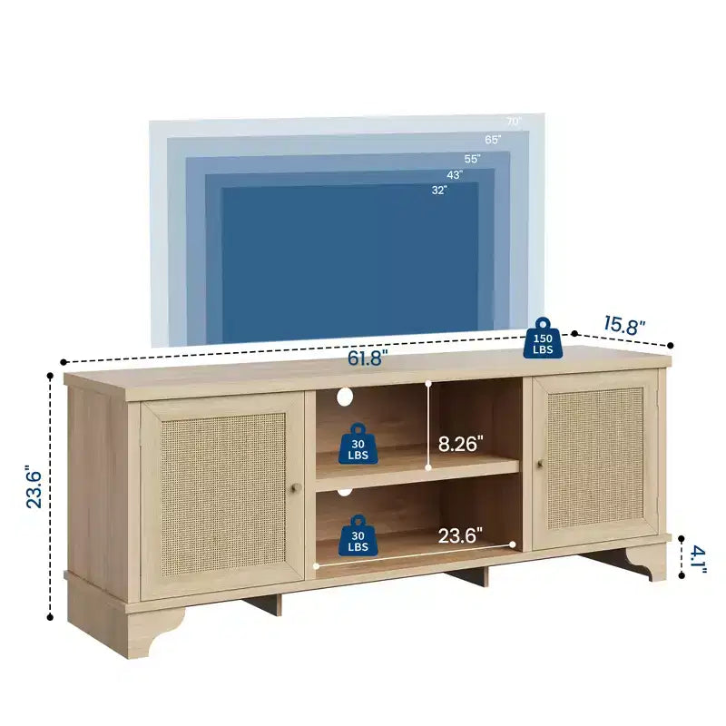 Rattan TV Stand Fits TVs Up to 70 Inches, Boho Entertainment Center with Storage, Wooden Media Console Table for Living Room