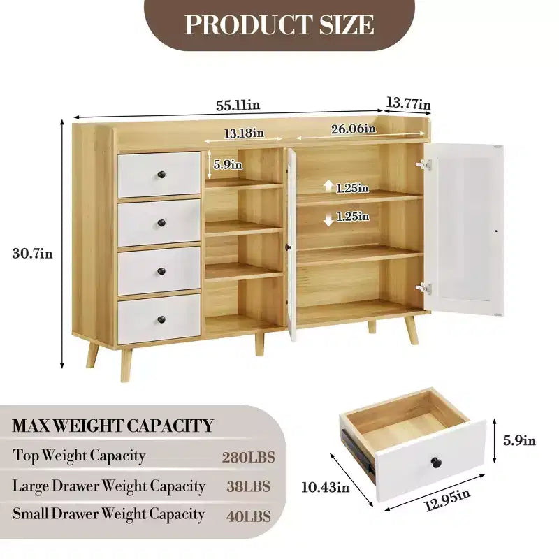 55'' Kitchen Buffet Storage Cabinet, Farmhouse Pantry Cabinet with Glass Doors & Drawers, Open Storage & Adjustable Shelf, Cupboard for Dining Room