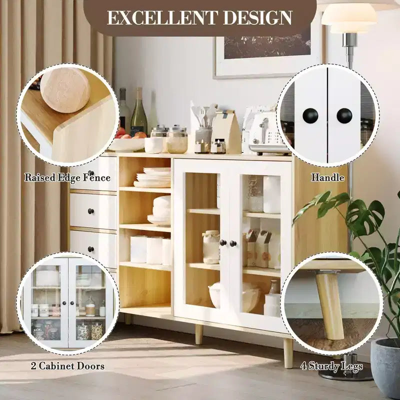 55'' Kitchen Buffet Storage Cabinet, Farmhouse Pantry Cabinet with Glass Doors & Drawers, Open Storage & Adjustable Shelf, Cupboard for Dining Room