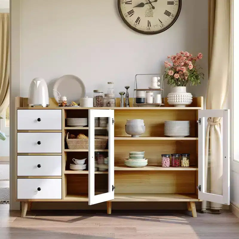 55'' Kitchen Buffet Storage Cabinet, Farmhouse Pantry Cabinet with Glass Doors & Drawers, Open Storage & Adjustable Shelf, Cupboard for Dining Room
